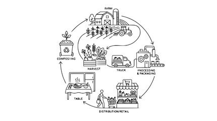 Fototapeta premium Sustainable Food Supply Chain Infographic from Farm to Table and Composting Cycle Vector