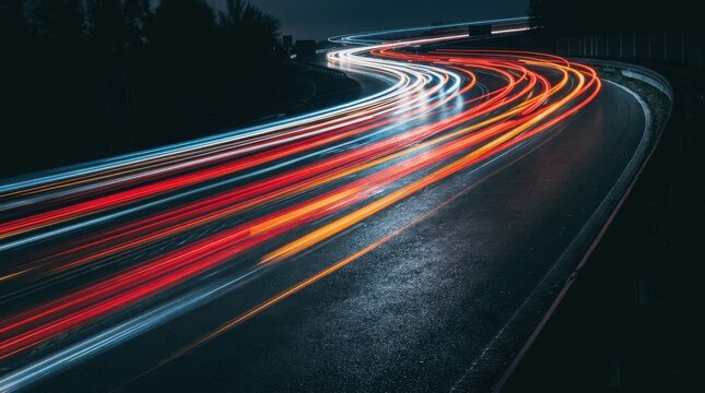 Long exposure light trails of vehicles on a curved highway at night