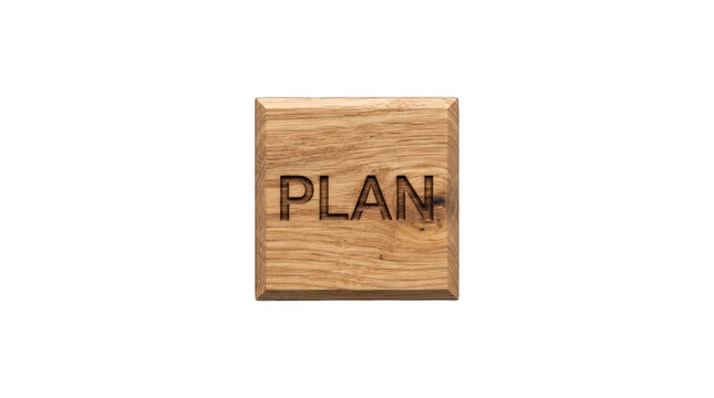 Single wooden block with the word 'plan' isolated on transparent background