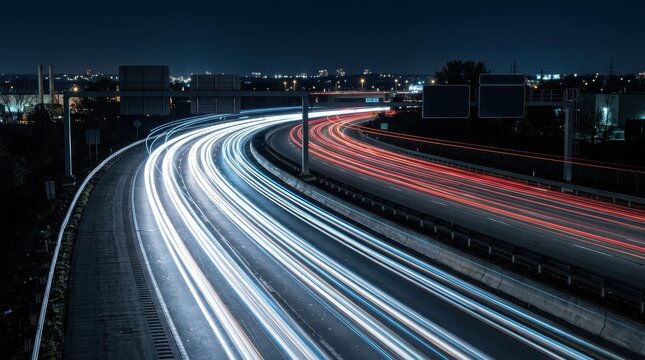 Long exposure light trails on a curved highway at night, cityscape