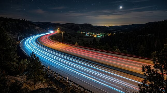 Long exposure light trails on a curved highway at night, moonlit sky
