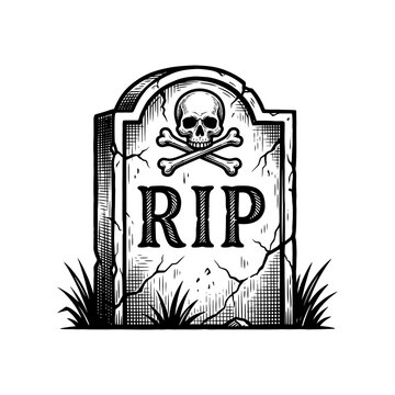 Old style rip tombstone with skull and crossbones illustration