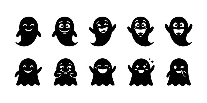 Set of cheerful ghost emoji icons with different happy expressions