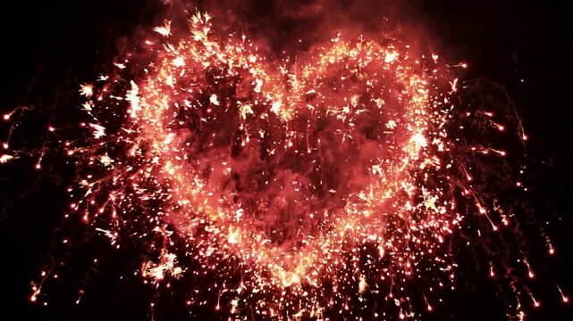 Heart shape made of sparkling red firework sparks glowing brightly on a dark night.