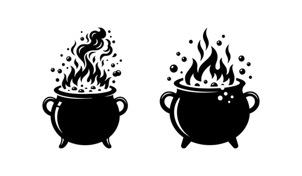 Two black cauldrons with bubbling potion and magical flames