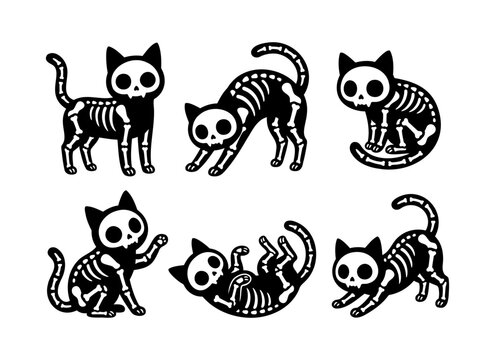Black skeleton cats in playful cartoon style
