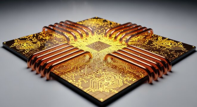 Radiant energy pulses through a complex network of golden circuits and cooling pipes, marking a significant leap in computing technology, background, progress, gold