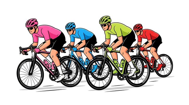 Professional road cycling team competing in a race wearing colorful team jerseys on high performance bicycles with cyclists