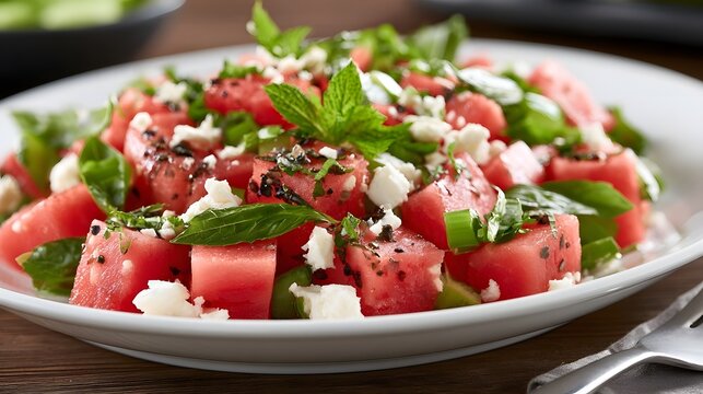 Fresh watermelon salad topped with feta cheese  mint leaves  and basil on a white plate set on wooden surface