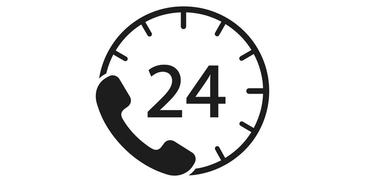 Black twenty four hour telephone support icon for customer service and emergency contact communications.
