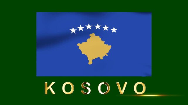 Waving flag of Kosovo with golden metallic text on a deep green background