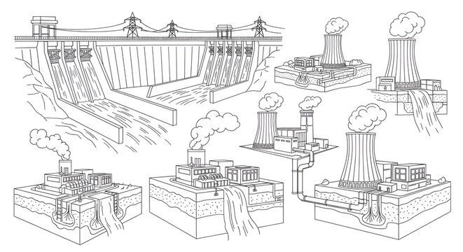 Alternative Energy Line Art: Hydroelectric Dams and Geothermal Power Plants Sketches