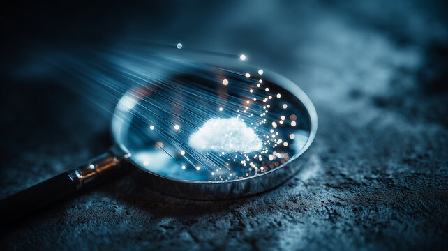 A magnifying glass focused on a cloud with streaming data represents cloud computing analysis and digital information management.
