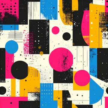 Abstract grunge geometric pattern with colorful pop art forms and polka dots, CMYK registration marks style