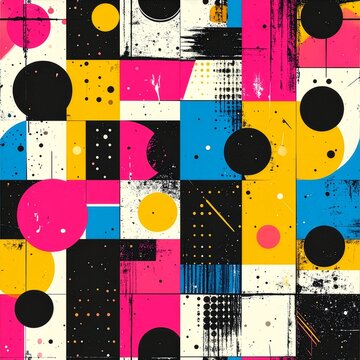 Abstract grunge geometric pattern with colorful pop art forms and polka dots, CMYK registration marks style