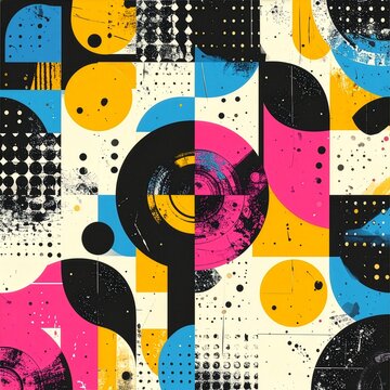 Abstract grunge geometric pattern with colorful pop art forms and polka dots, CMYK registration marks style