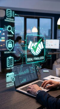 Digital interface with business icons and handshake graphic, symbolizing successful deal finalization and business progress