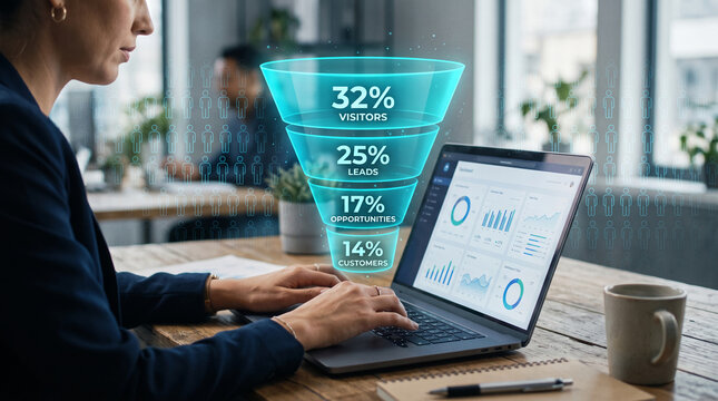 Business funnel graphic showing conversion rates, with a person working on a laptop, symbolizing sales process and data analysis