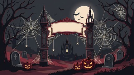 Spooky halloween banner with haunted cemetery and scary pumpkins