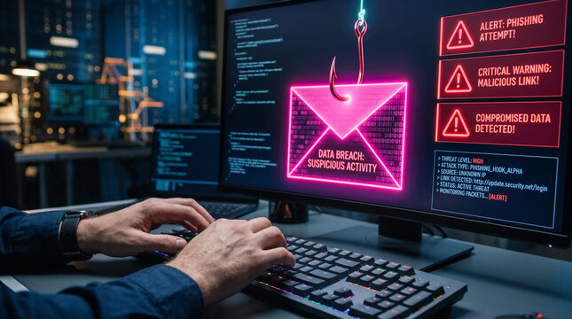 Cybersecurity alert with a fishing hook on an email graphic on a computer screen, symbolizing cyber threats and data breach, representative of digital security issues.