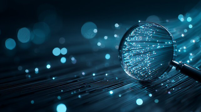 Magnifying glass examining fiber optic strands depicting network inspection high speed data transmission and digital connectivity analysis.
