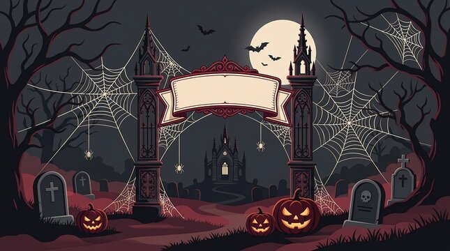 Spooky halloween banner with haunted cemetery and scary pumpkins