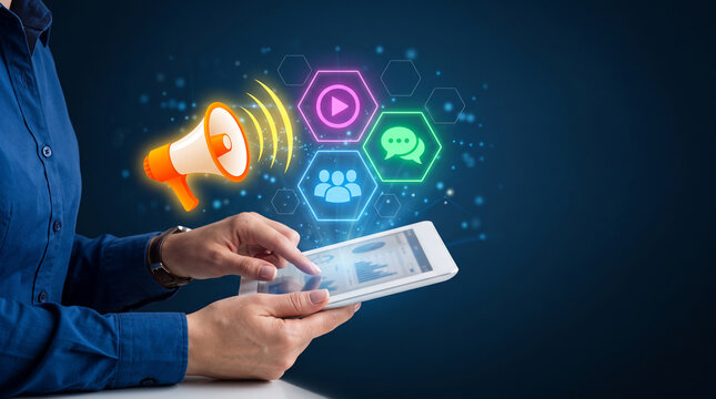 Digital marketing concept with a megaphone and social media icons emanating from a tablet, symbolizing communication and engagement