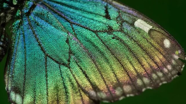 Butterfly wing with iridescent colorful scales in extreme macro view