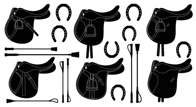 Horse Riding Tack Silhouette Set with Saddles, Horseshoes and Crops