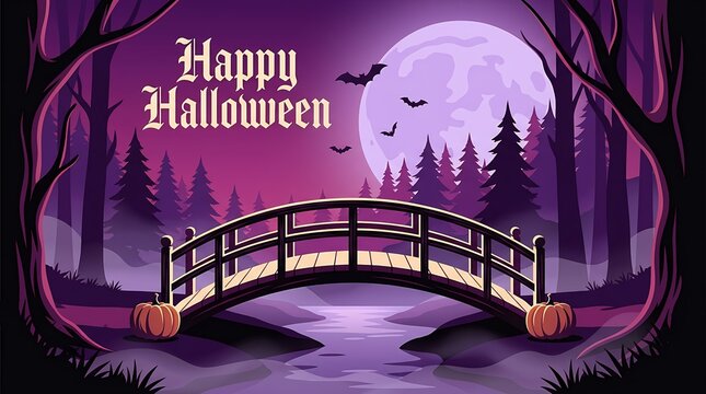 Happy halloween pixel art with a wooden bridge in a spooky forest