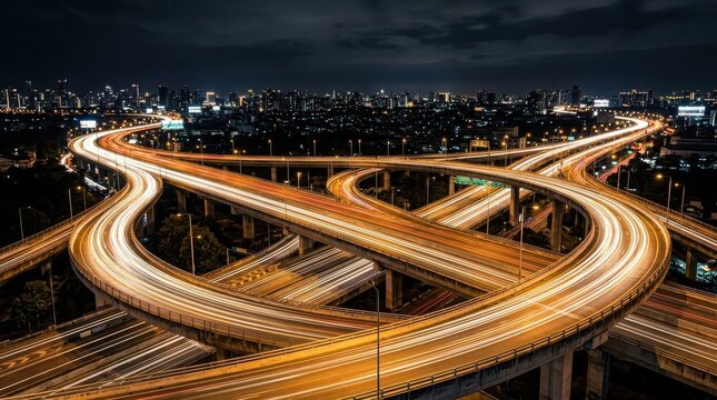 Nighttime long exposure of elevated highway interchange in cityscape