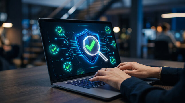 Digital security interface on a laptop screen, showcasing a shield with checkmarks and a magnifying glass, symbolizing data protection and verification, conceptual for cybersecurity.