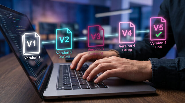 Coding on a laptop with glowing version icons, symbolizing software development lifecycle, iteration, and progress towards a final product