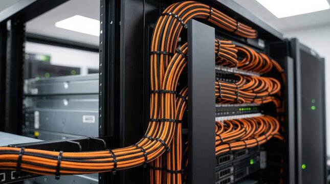 Organized orange ethernet cables in a black server rack data center