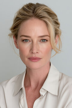 clean studio beauty portrait of middle aged woman with short blonde hair neutral expression light makeup looking directly at camera against light grey background natural soft lighting close up