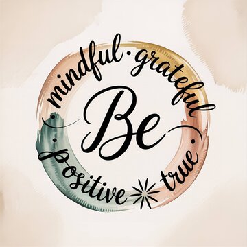Be Mindful Grateful Positive True typography design with watercolor circle frame