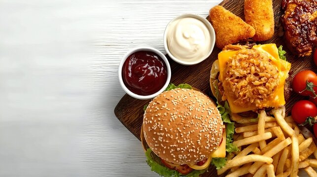 Selection of delicious fast food burger fries fried chicken and dipping sauces on wooden background.