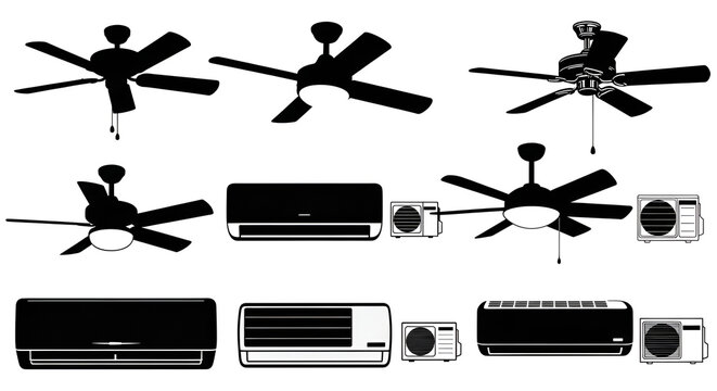 Silhouettes of Ceiling Fans and Split Air Conditioner Units Set