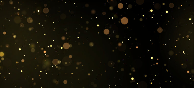 Scattered golden bokeh lights with soft, glowing round highlights against a dark background on transparent background