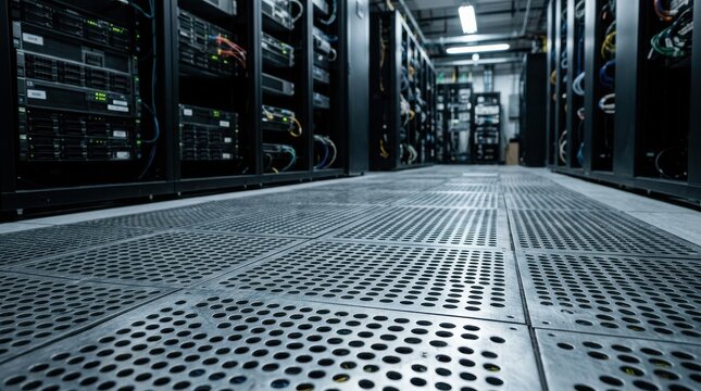 Rows of server racks in a data center with perforated metal flooring