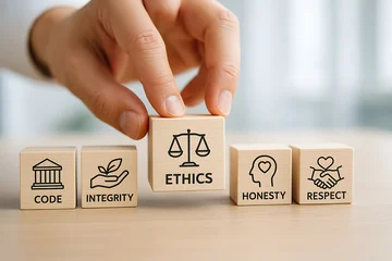 Wooden blocks with ethics concepts and symbols close up photograph © 121icons