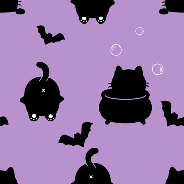 Cute seamless Halloween pattern featuring a black cat sitting inside a witch cauldron, the back view of a black cat, flying bats, and magical bubbles on a purple background in flat vector style for fa