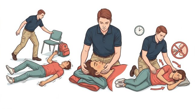 A person provides first aid in a workplace setting, showing techniques for helping an injured individual and ensuring safety during emergencies.