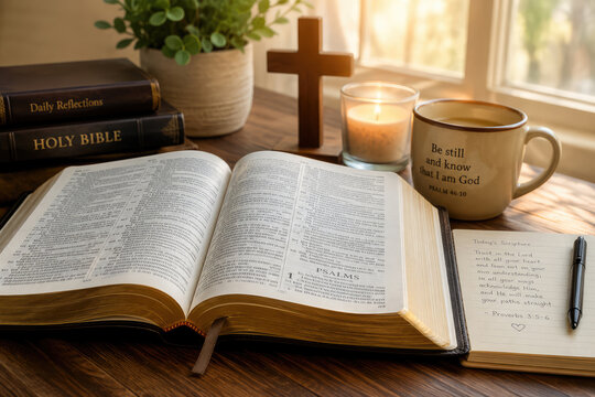 Christian Bible Study and Daily Devotional with Cross, Candle and Journal