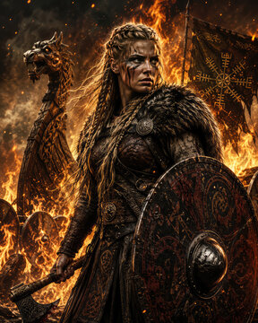 Viking Shieldmaiden in Burning Battlefield with Axe and Round Shield