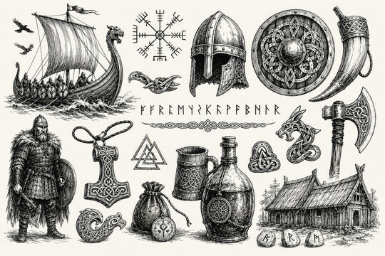 Viking Symbols and Norse Mythology Hand Drawn Engraving Set