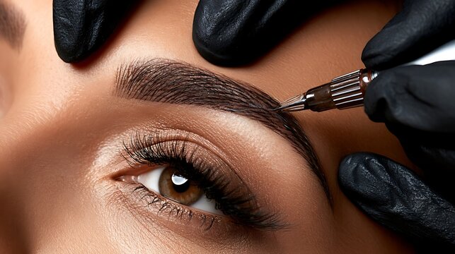 Close up of a professional applying permanent makeup to eyebrows with a tattoo machine