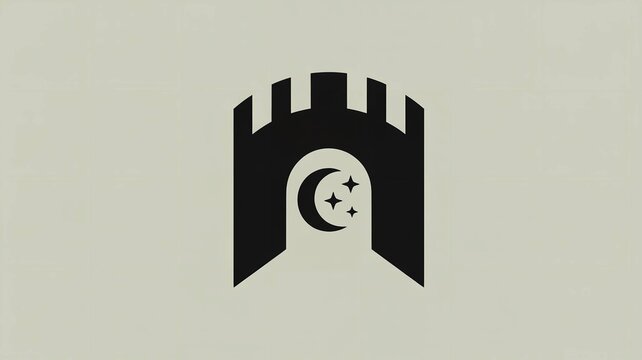 Minimalist castle gate icon with crescent moon and stars symbol for night travel branding.