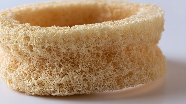 A natural loofah sponge with fibrous texture and circular shape resting on a plain surface under soft lighting