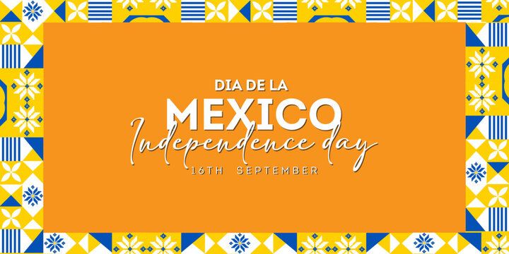 Mexico Independence Day Celebration Banner with Colorful Mexican Folk Pattern Border and Festive Typography